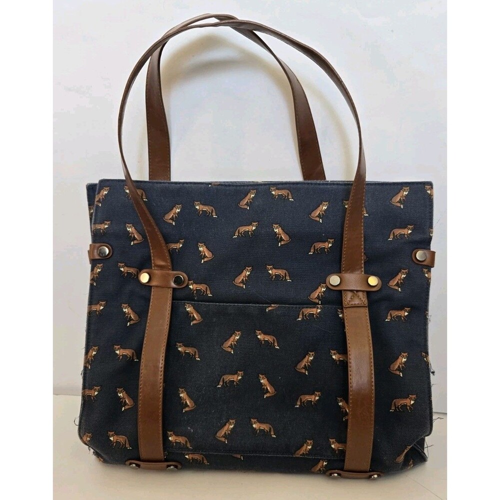 Canvas Tote Bag with Fox Print and Brown Leather Straps